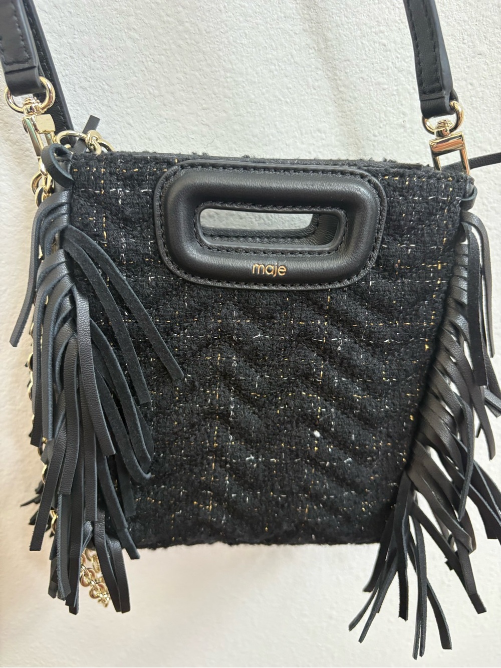 Maje Black Tweed Fringe Crossbody with Gold Accents